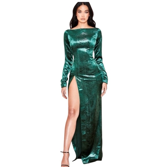 NWT HOUSE OF CB METALLIC EMERALD GREEN LONG VELVET IVA DRESS SIZE S